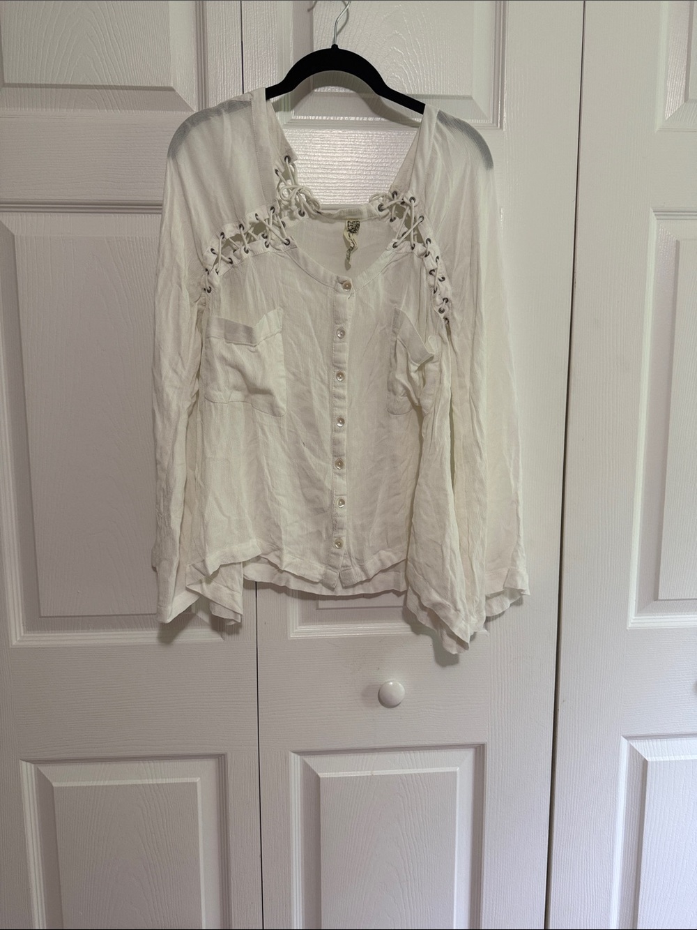 Free People Ivory Lace-Up Button Front Blouse